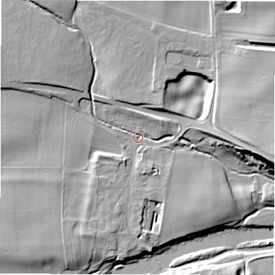 Shaded relief map of the ground around DL23SJ, computed from Environment Agency LiDAR. The ground here sits at about 57 m above sea level and falls 22 m across the surrounding 800 m. Surface water reaching this point runs off ground lying to the north-north-west, 10.5 m higher.