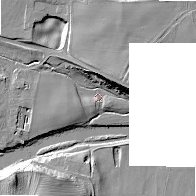 Shaded relief map of the ground around DL23SL, computed from Environment Agency LiDAR. The ground here sits at about 55 m above sea level and falls 26 m across the surrounding 800 m. Surface water reaching this point runs off ground lying to the south-east, 2.6 m higher.