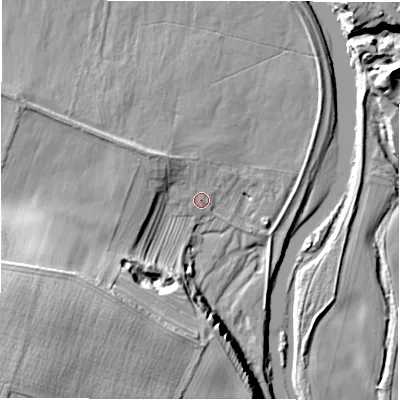 Shaded relief map of the ground around DL23SY, computed from Environment Agency LiDAR. The ground here sits at about 51 m above sea level and falls 33 m across the surrounding 800 m. Surface water reaching this point runs off ground lying to the north-west, 4.5 m higher.