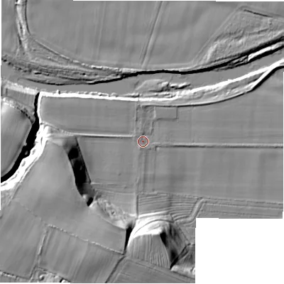 Shaded relief map of the ground around DL23SZ, computed from Environment Agency LiDAR. The ground here sits at about 49 m above sea level and falls 25 m across the surrounding 800 m. Surface water reaching this point runs off ground lying to the west-north-west, 0.7 m higher.