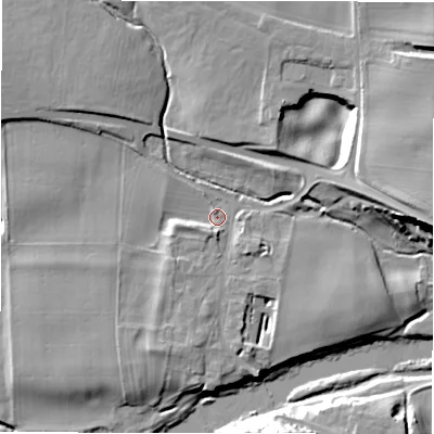 Shaded relief map of the ground around DL23TA, computed from Environment Agency LiDAR. The ground here sits at about 58 m above sea level and falls 21 m across the surrounding 800 m. Surface water reaching this point runs off ground lying to the north-west, 9.5 m higher.