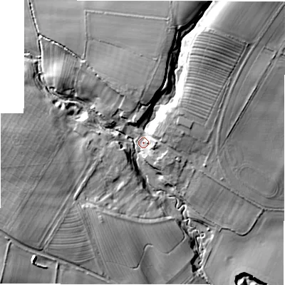 Shaded relief map of the ground around DL23TX, computed from Environment Agency LiDAR. The ground here sits at about 80 m above sea level and falls 24 m across the surrounding 800 m. Surface water reaching this point runs off ground lying to the north-east, 14.7 m higher.