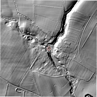 Shaded relief map of the ground around DL23TY, computed from Environment Agency LiDAR. The ground here sits at about 79 m above sea level and falls 24 m across the surrounding 800 m. Surface water reaching this point runs off ground lying to the north-east, 14.9 m higher.