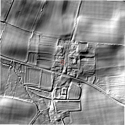 Shaded relief map of the ground around DL23UD, computed from Environment Agency LiDAR. The ground here sits at about 84 m above sea level and falls 18 m across the surrounding 800 m. Surface water reaching this point runs off ground lying to the east-north-east, 5.7 m higher.
