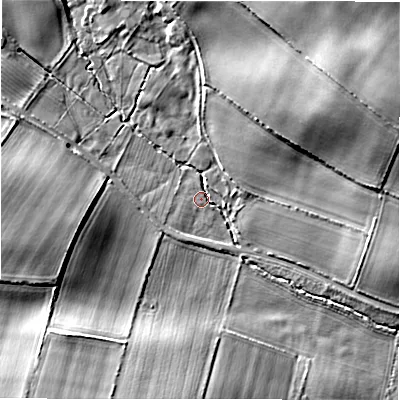 Shaded relief map of the ground around DL23UP, computed from Environment Agency LiDAR. The ground here sits at about 83 m above sea level and falls 16 m across the surrounding 800 m. Surface water reaching this point runs off ground lying to the north-east, 12.7 m higher.