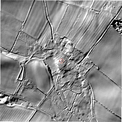 Shaded relief map of the ground around DL23UQ, computed from Environment Agency LiDAR. The ground here sits at about 91 m above sea level and falls 24 m across the surrounding 800 m. Surface water reaching this point runs off ground lying to the south-south-west, 1.5 m higher.