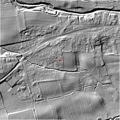 Shaded relief map of the ground around DL23XA, computed from Environment Agency LiDAR. The ground here sits at about 112 m above sea level and falls 13 m across the surrounding 800 m. Surface water reaching this point runs off ground lying to the north-north-west, 1.6 m higher.