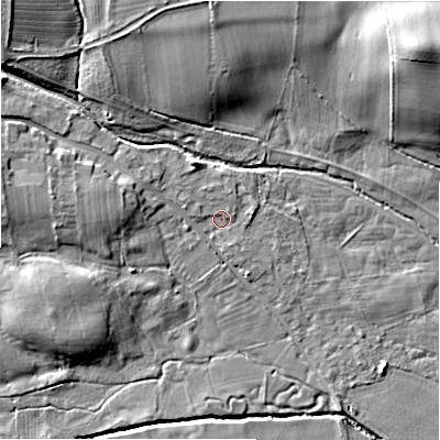 Shaded relief map of the ground around DL23XF, computed from Environment Agency LiDAR. The ground here sits at about 103 m above sea level and falls 16 m across the surrounding 800 m. Surface water reaching this point runs off ground lying to the north-west, 1.3 m higher.