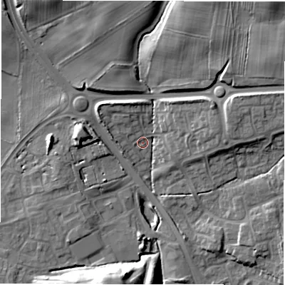 Shaded relief map of the ground around DL30GB, computed from Environment Agency LiDAR. The ground here sits at about 60 m above sea level and falls 19 m across the surrounding 800 m. Surface water reaching this point runs off ground lying to the north-west, 4.5 m higher.