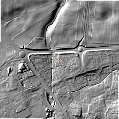 Shaded relief map of the ground around DL30GF, computed from Environment Agency LiDAR. The ground here sits at about 63 m above sea level and falls 18 m across the surrounding 800 m. Surface water reaching this point runs off ground lying to the east-north-east, 2.2 m higher.