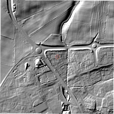 Shaded relief map of the ground around DL30GG, computed from Environment Agency LiDAR. The ground here sits at about 62 m above sea level and falls 16 m across the surrounding 800 m. Surface water reaching this point runs off ground lying to the north-west, 3.2 m higher.