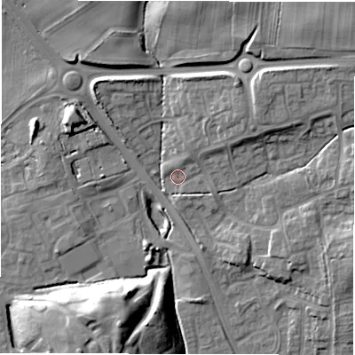 Shaded relief map of the ground around DL30GQ, computed from Environment Agency LiDAR. The ground here sits at about 60 m above sea level and falls 20 m across the surrounding 800 m. Surface water reaching this point runs off ground lying to the north-east, 8.5 m higher.