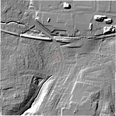 Shaded relief map of the ground around DL30SP, computed from Environment Agency LiDAR. The ground here sits at about 52 m above sea level and falls 19 m across the surrounding 800 m. Surface water reaching this point runs off ground lying to the north-north-west, 7.0 m higher.