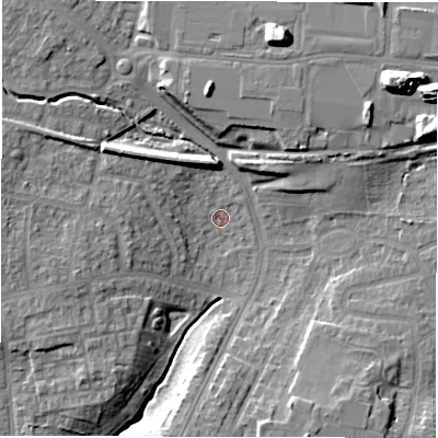 Shaded relief map of the ground around DL30SR, computed from Environment Agency LiDAR. The ground here sits at about 52 m above sea level and falls 19 m across the surrounding 800 m. Surface water reaching this point runs off ground lying to the north, 7.0 m higher.