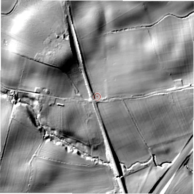 Shaded relief map of the ground around DL30XN, computed from Environment Agency LiDAR. The ground here sits at about 81 m above sea level and falls 26 m across the surrounding 800 m. Surface water reaching this point runs off ground lying to the west, 2.6 m higher.