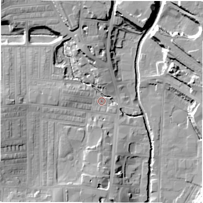Shaded relief map of the ground around DL36AP, computed from Environment Agency LiDAR. The ground here sits at about 42 m above sea level and falls 17 m across the surrounding 800 m. Surface water reaching this point runs off ground lying to the north-north-west, 13.3 m higher.