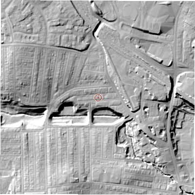 Shaded relief map of the ground around DL36PJ, computed from Environment Agency LiDAR. The ground here sits at about 48 m above sea level and falls 21 m across the surrounding 800 m. Surface water reaching this point runs off ground lying to the north-north-west, 11.9 m higher.