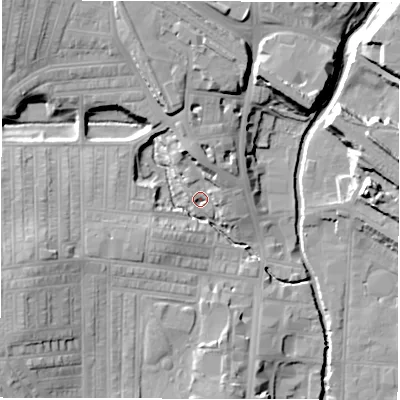 Shaded relief map of the ground around DL36TD, computed from Environment Agency LiDAR. The ground here sits at about 43 m above sea level and falls 17 m across the surrounding 800 m. Surface water reaching this point runs off ground lying to the north-north-west, 14.2 m higher.