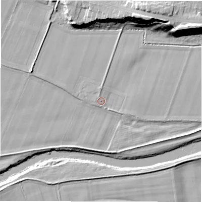 Shaded relief map of the ground around DL38TA, computed from Environment Agency LiDAR. The ground here sits at about 37 m above sea level and falls 23 m across the surrounding 800 m. Surface water reaching this point runs off ground lying to the north, 1.5 m higher.