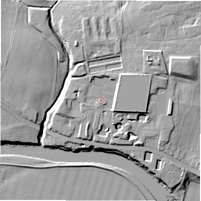 Shaded relief map of the ground around DL38TF, computed from Environment Agency LiDAR. The ground here sits at about 48 m above sea level and falls 18 m across the surrounding 800 m. Surface water reaching this point runs off ground lying to the north-east, 5.6 m higher.