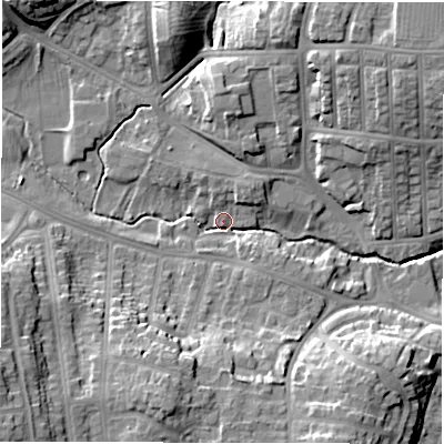 Shaded relief map of the ground around DL39AF, computed from Environment Agency LiDAR. The ground here sits at about 48 m above sea level and falls 18 m across the surrounding 800 m. Surface water reaching this point runs off ground lying to the north-east, 5.3 m higher.