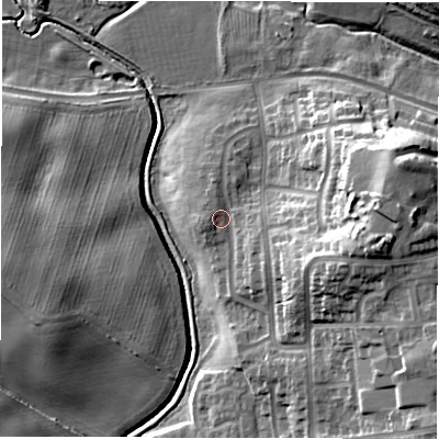 Shaded relief map of the ground around DL39DU, computed from Environment Agency LiDAR. The ground here sits at about 54 m above sea level and falls 21 m across the surrounding 800 m. Surface water reaching this point runs off ground lying to the east-south-east, 2.8 m higher.