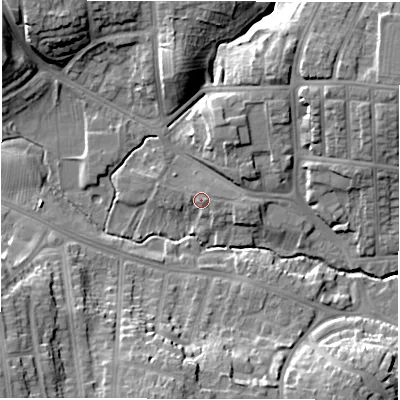 Shaded relief map of the ground around DL39EG, computed from Environment Agency LiDAR. The ground here sits at about 50 m above sea level and falls 19 m across the surrounding 800 m. Surface water reaching this point runs off ground lying to the east, 0.8 m higher.
