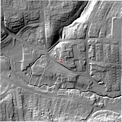 Shaded relief map of the ground around DL39EU, computed from Environment Agency LiDAR. The ground here sits at about 52 m above sea level and falls 18 m across the surrounding 800 m. Surface water reaching this point runs off ground lying to the north-east, 5.8 m higher.