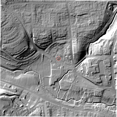 Shaded relief map of the ground around DL39EX, computed from Environment Agency LiDAR. The ground here sits at about 49 m above sea level and falls 22 m across the surrounding 800 m. Surface water reaching this point runs off ground lying to the north-west, 17.6 m higher.