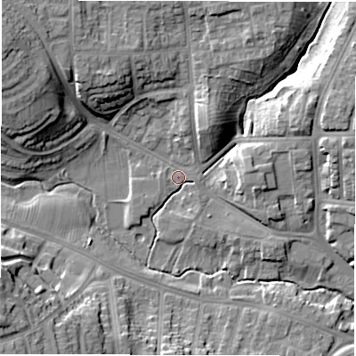Shaded relief map of the ground around DL39HQ, computed from Environment Agency LiDAR. The ground here sits at about 49 m above sea level and falls 20 m across the surrounding 800 m. Surface water reaching this point runs off ground lying to the east-north-east, 11.3 m higher.