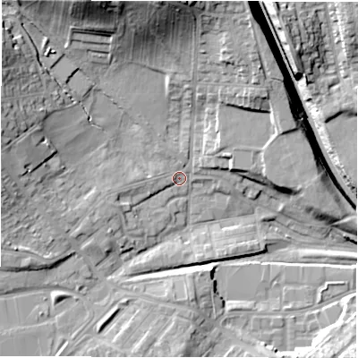 Shaded relief map of the ground around DL41NJ, computed from Environment Agency LiDAR. The ground here sits at about 123 m above sea level and falls 25 m across the surrounding 800 m. Surface water reaching this point runs off ground lying to the north-north-west, 19.3 m higher.