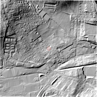 Shaded relief map of the ground around DL41NL, computed from Environment Agency LiDAR. The ground here sits at about 126 m above sea level and falls 24 m across the surrounding 800 m. Surface water reaching this point runs off ground lying to the west-north-west, 3.5 m higher.