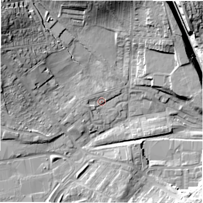 Shaded relief map of the ground around DL41NN, computed from Environment Agency LiDAR. The ground here sits at about 124 m above sea level and falls 25 m across the surrounding 800 m. Surface water reaching this point runs off ground lying to the west-south-west, 3.2 m higher.