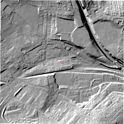 Shaded relief map of the ground around DL41PE, computed from Environment Agency LiDAR. The ground here sits at about 123 m above sea level and falls 21 m across the surrounding 800 m. Surface water reaching this point runs off ground lying to the south-south-west, 2.1 m higher.