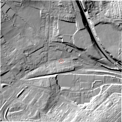 Shaded relief map of the ground around DL41PG, computed from Environment Agency LiDAR. The ground here sits at about 122 m above sea level and falls 20 m across the surrounding 800 m. Surface water reaching this point runs off ground lying to the north, 10.6 m higher.