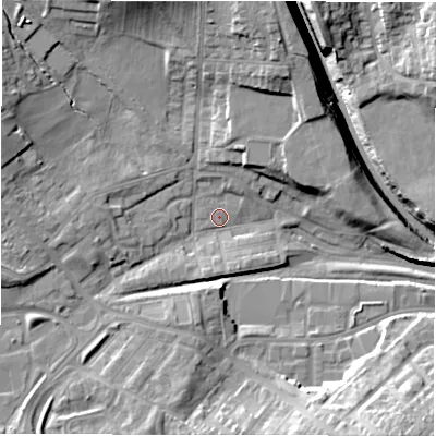 Shaded relief map of the ground around DL41PJ, computed from Environment Agency LiDAR. The ground here sits at about 122 m above sea level and falls 19 m across the surrounding 800 m. Surface water reaching this point runs off ground lying to the north-north-west, 11.4 m higher.