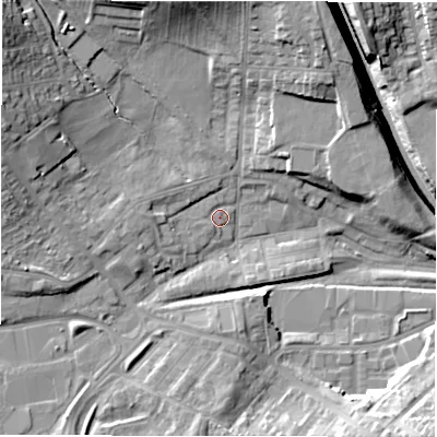 Shaded relief map of the ground around DL41PP, computed from Environment Agency LiDAR. The ground here sits at about 123 m above sea level and falls 20 m across the surrounding 800 m. Surface water reaching this point runs off ground lying to the west, 1.0 m higher.