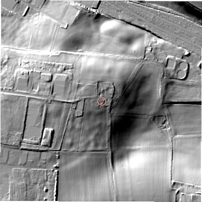 Shaded relief map of the ground around DL42QD, computed from Environment Agency LiDAR. The ground here sits at about 133 m above sea level and falls 36 m across the surrounding 800 m. Surface water reaching this point runs off ground lying to the west-north-west, 4.1 m higher.