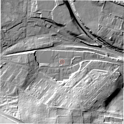 Shaded relief map of the ground around DL42QN, computed from Environment Agency LiDAR. The ground here sits at about 123 m above sea level and falls 24 m across the surrounding 800 m. Surface water reaching this point runs off ground lying to the south-south-west, 1.1 m higher.