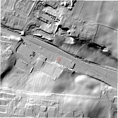 Shaded relief map of the ground around DL42RE, computed from Environment Agency LiDAR. The ground here sits at about 115 m above sea level and falls 35 m across the surrounding 800 m. Surface water reaching this point runs off ground lying to the south-west, 26.4 m higher.