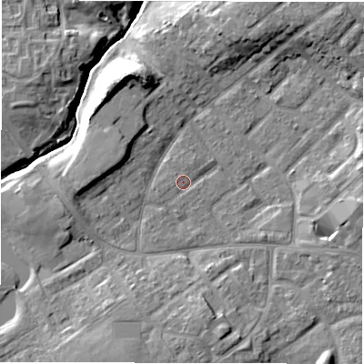 Shaded relief map of the ground around DL54EY, computed from Environment Agency LiDAR. The ground here sits at about 88 m above sea level and falls 13 m across the surrounding 800 m. Surface water reaching this point runs off ground lying to the north-north-west, 9.3 m higher.