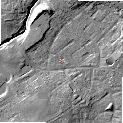 Shaded relief map of the ground around DL54EZ, computed from Environment Agency LiDAR. The ground here sits at about 88 m above sea level and falls 12 m across the surrounding 800 m. Surface water reaching this point runs off ground lying to the south, 5.6 m higher.