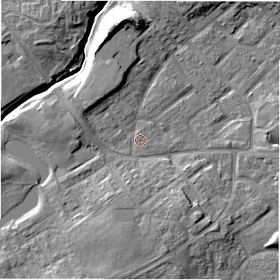 Shaded relief map of the ground around DL54HA, computed from Environment Agency LiDAR. The ground here sits at about 88 m above sea level and falls 12 m across the surrounding 800 m. Surface water reaching this point runs off ground lying to the west-north-west, 3.8 m higher.