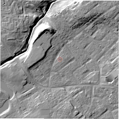 Shaded relief map of the ground around DL54HB, computed from Environment Agency LiDAR. The ground here sits at about 89 m above sea level and falls 13 m across the surrounding 800 m. Surface water reaching this point runs off ground lying to the south, 5.6 m higher.