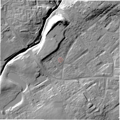 Shaded relief map of the ground around DL54HE, computed from Environment Agency LiDAR. The ground here sits at about 89 m above sea level and falls 13 m across the surrounding 800 m. Surface water reaching this point runs off ground lying to the south-south-east, 5.4 m higher.