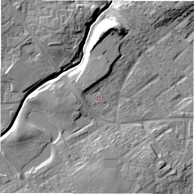 Shaded relief map of the ground around DL54HF, computed from Environment Agency LiDAR. The ground here sits at about 89 m above sea level and falls 13 m across the surrounding 800 m. Surface water reaching this point runs off ground lying to the north, 4.6 m higher.