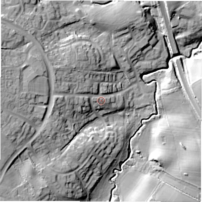 Shaded relief map of the ground around DL54ST, computed from Environment Agency LiDAR. The ground here sits at about 85 m above sea level and falls 23 m across the surrounding 800 m. Surface water reaching this point runs off ground lying to the west, 13.6 m higher.
