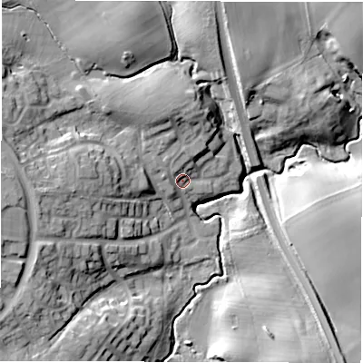 Shaded relief map of the ground around DL54YD, computed from Environment Agency LiDAR. The ground here sits at about 81 m above sea level and falls 21 m across the surrounding 800 m. Surface water reaching this point runs off ground lying to the north-north-west, 3.5 m higher.