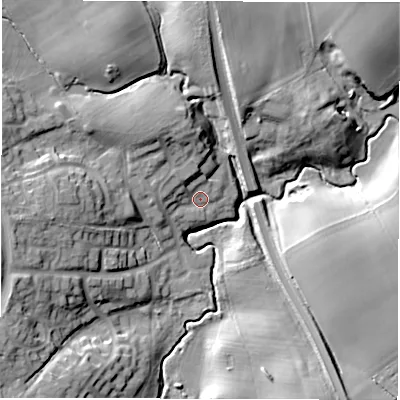 Shaded relief map of the ground around DL54YF, computed from Environment Agency LiDAR. The ground here sits at about 80 m above sea level and falls 19 m across the surrounding 800 m. Surface water reaching this point runs off ground lying to the north-north-west, 9.1 m higher.