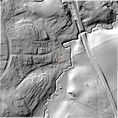 Shaded relief map of the ground around DL54YH, computed from Environment Agency LiDAR. The ground here sits at about 78 m above sea level and falls 21 m across the surrounding 800 m. Surface water reaching this point runs off ground lying to the west, 5.3 m higher.